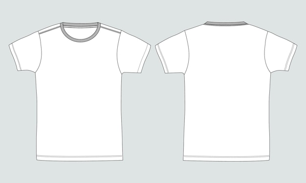 Modelo de ilustração vetorial de desenho plano de moda técnica de camiseta de manga curta Vistas frontal e traseira