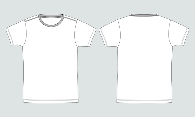 Modelo de ilustração vetorial de desenho plano de moda técnica de camiseta de manga curta vistas frontal e traseira