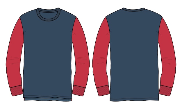 Modelo de ilustração vetorial de desenho plano de moda técnica de dois tons de manga longa T-shirt
