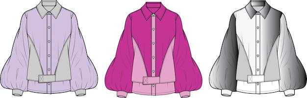 Modelo de ilustração vetorial de desenho técnico de desenho técnico de blusa feminina bishop sleeve peplum