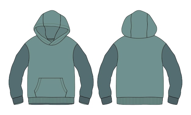 Modelo de ilustração vetorial de esboço plano de moletom com capuz de manga longa de cor verde de dois tons