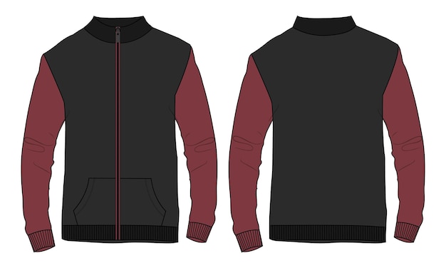 Modelo de ilustração vetorial de jaqueta de manga longa de cor vermelha e preta de dois tons vistas frontal e traseira