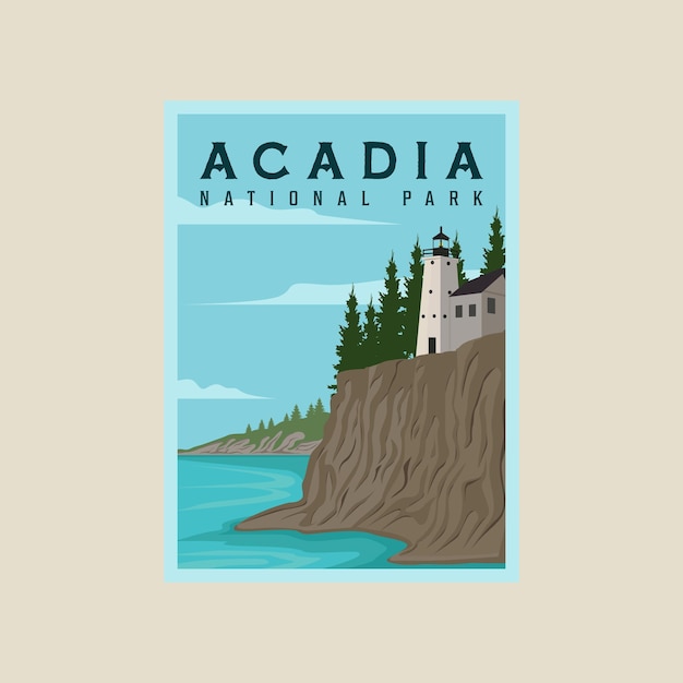 Modelo de ilustração vetorial de pôster do parque nacional de acadia farol de design gráfico no banner de praia para negócios de viagens ou conceito de ambiente com paisagem marítima