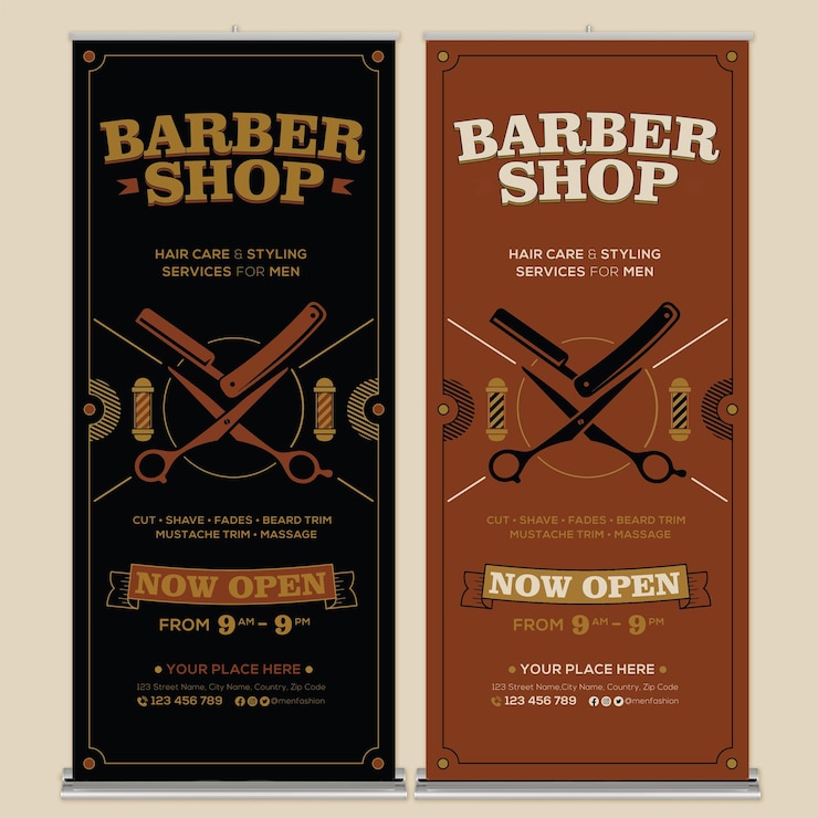 Modelo de impressão de banner de enrolamento de barbearia com estilo de design plano