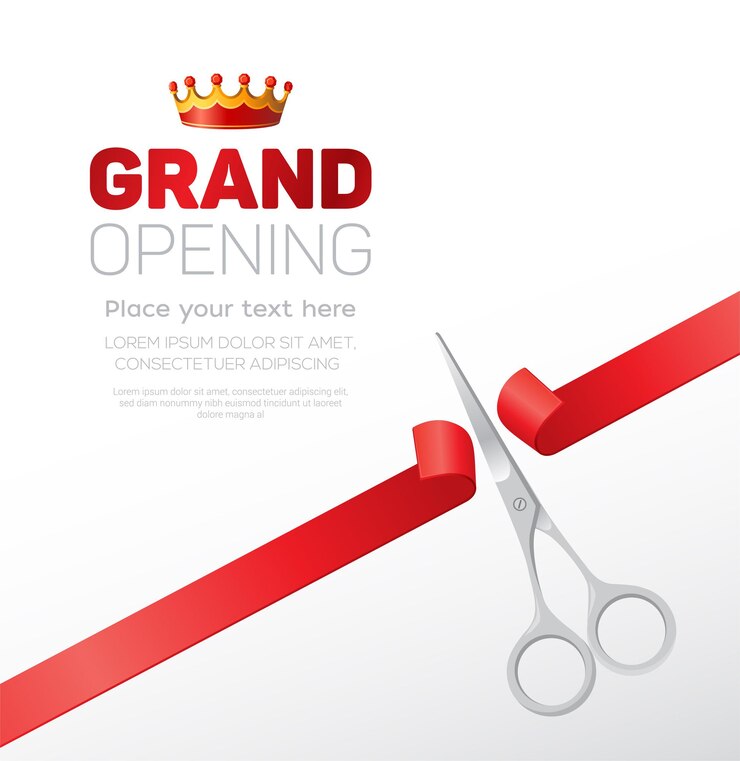 Vetor modelo de inauguração - ilustração vetorial moderna com lugar para o seu texto. tesoura de prata cortando a fita vermelha. título com uma coroa. perfeito como certificado, pôster, banner, cartão, convite