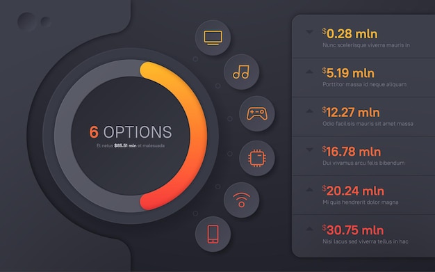 Vetor modelo de infografia de apresentação de cor escura em estilo moderno seis opções