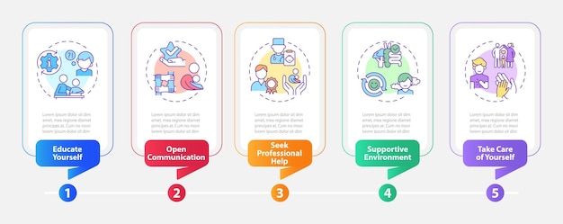 Modelo de infografia vetorial 2D para crianças com problemas de saúde com ícones de linha visualização de dados com gráfico de cronograma de processo de 5 etapas