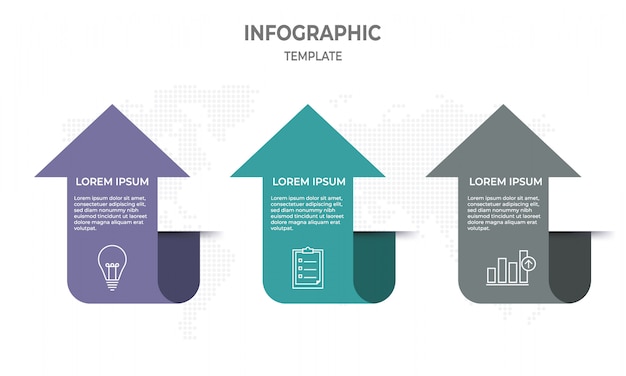 Modelo de infográfico com 3 passos, estilo de seta.