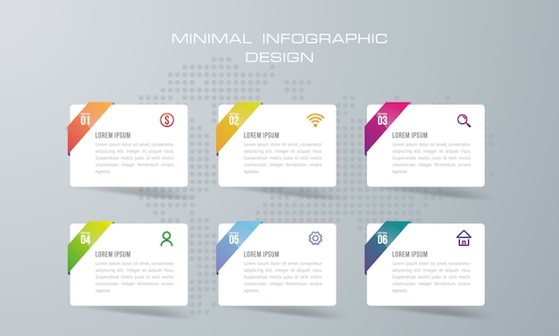 Modelo de infográfico com 6 opções, fluxo de trabalho, gráfico de processo, linha do tempo infográficos design vector