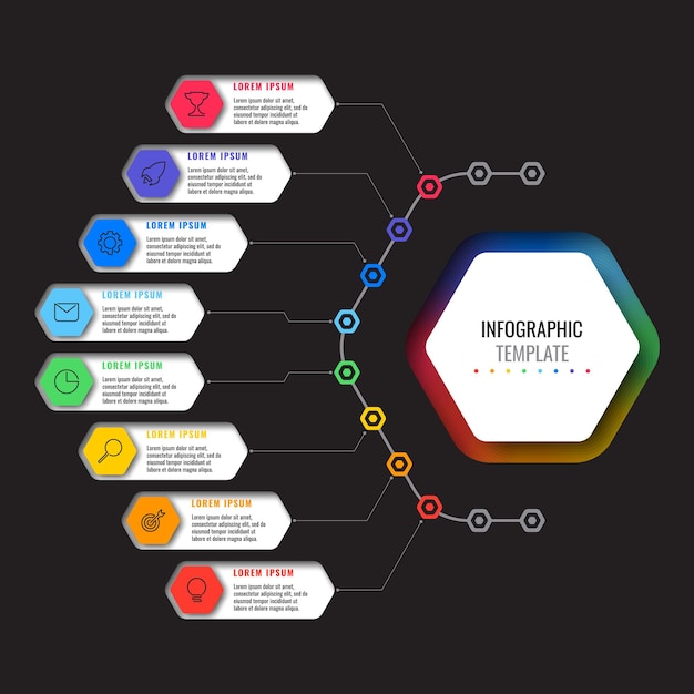 Modelo de infográfico com 8 elementos hexagonais multicoloridos e ícones de linha fina em fundo preto