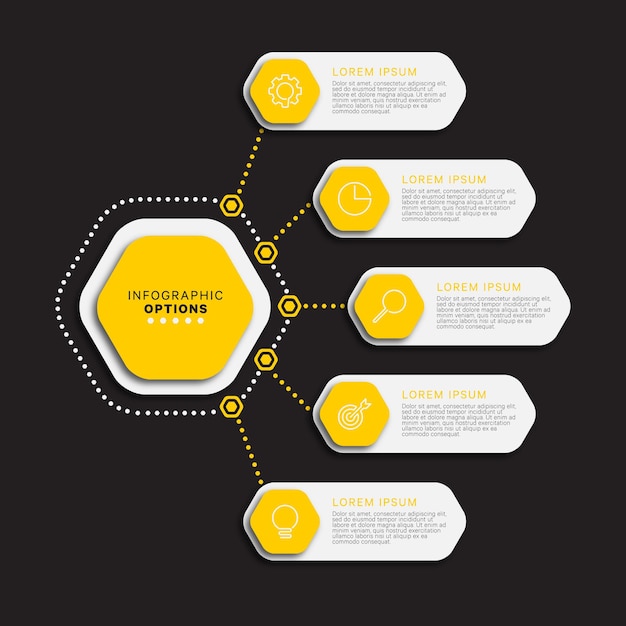 Modelo de infográfico com cinco opções hexagonais amarelas em um fundo preto