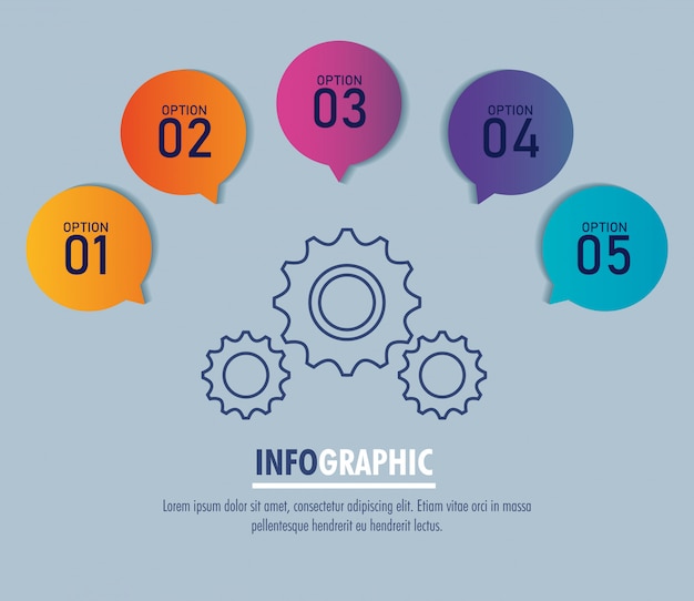 Modelo de infográfico com engrenagens e opções