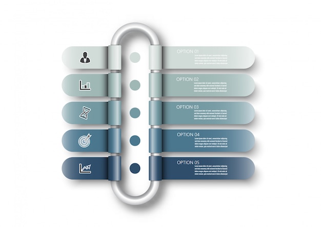 Modelo de infográfico com etiqueta de papel 3d, círculos integrados. conceito de negócio, com 5 opções. para conteúdo, diagrama, fluxograma, etapas, peças, infográficos da linha do tempo, fluxo de trabalho, gráfico.