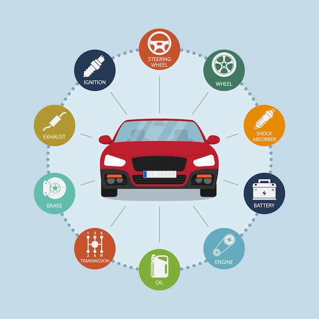 Modelo de infográfico com ícones de automóveis e peças de automóveis, conceito de serviço e reparo