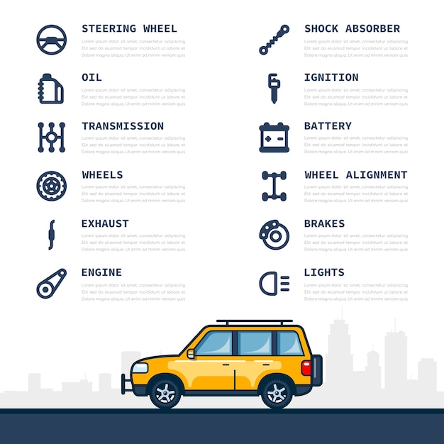 Modelo de infográfico com ícones de peças e carros