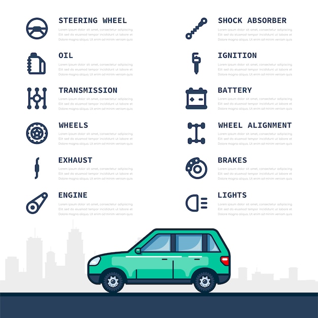 Modelo de infográfico com ícones de peças e carros