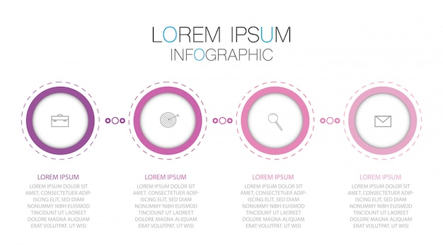 Modelo de infográfico com ícones e 4 etapas.