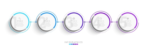 Modelo de infográfico com ícones e 5 opções ou etapas.