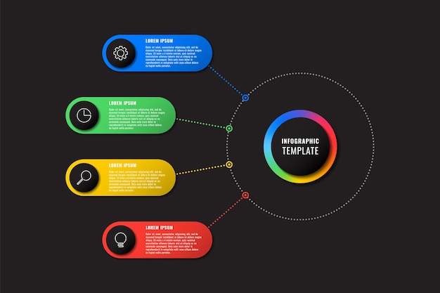 Modelo de infográfico com quatro elementos redondos multicoloridos em fundo preto