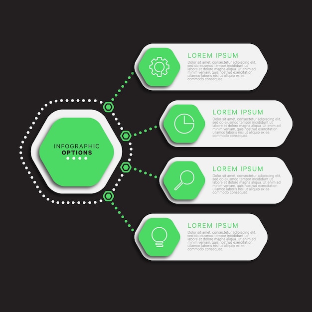 Modelo de infográfico com quatro opções hexagonais verdes em um fundo preto