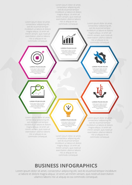 Modelo de infográfico com seis elementos hexagonais