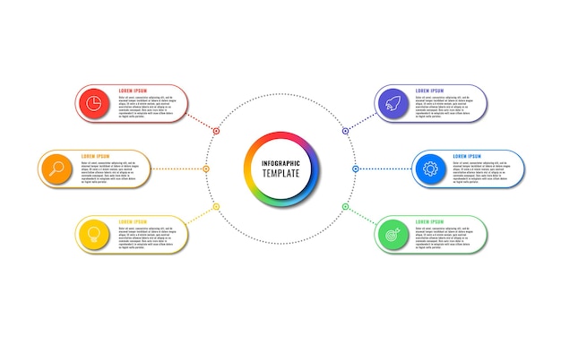 Modelo de infográfico com seis elementos redondos multicoloridos de linhas finas em um fundo branco
