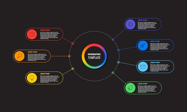 Modelo de infográfico com sete elementos redondos multicoloridos de linhas finas em fundo preto