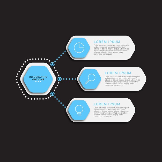 Modelo de infográfico com três opções hexagonais em azul claro em um fundo preto
