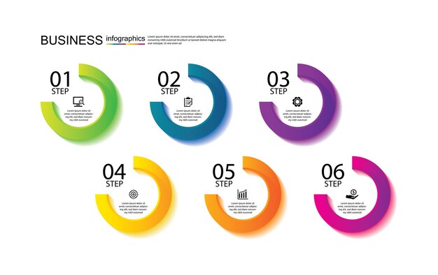 Modelo de infográfico de apresentação de negócios colorido com 6 etapas