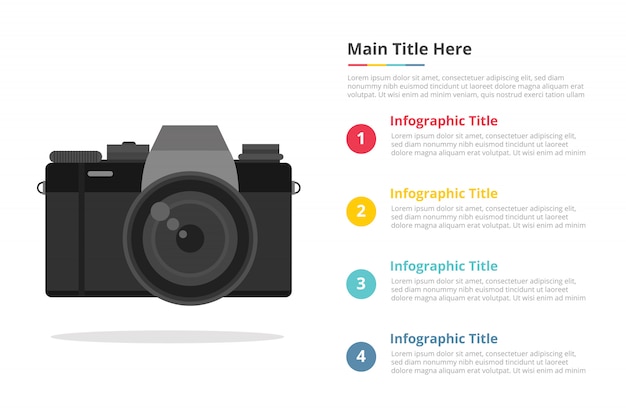 Modelo de infográfico de câmera mirrorless com 4 pontos