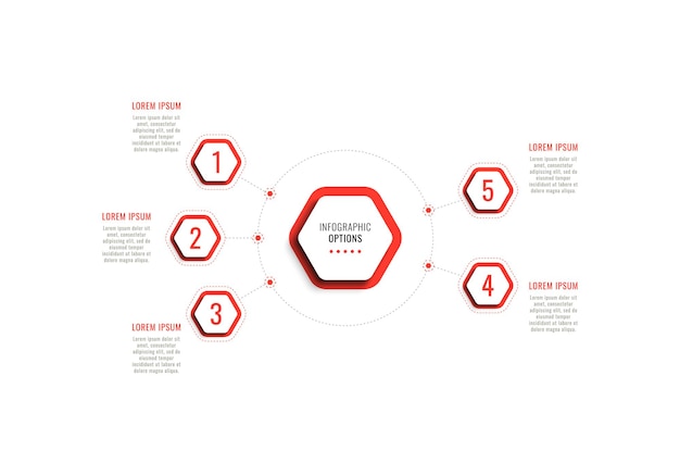 Modelo de infográfico de cinco etapas com elementos hexagonais vermelhos com sombra em um fundo branco