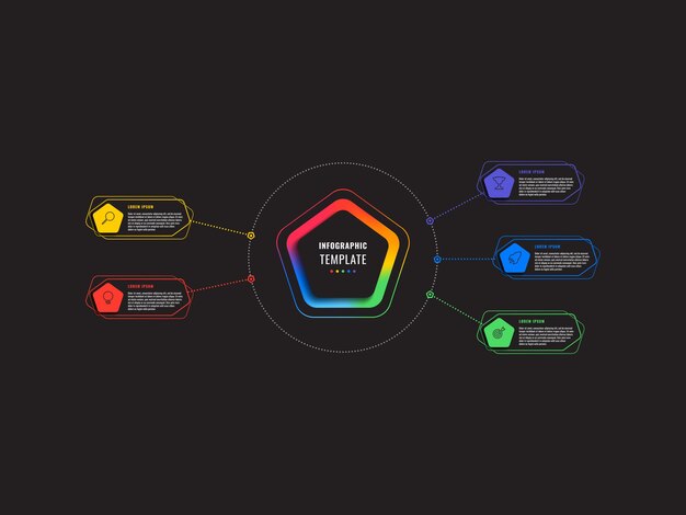 modelo de infográfico de cinco passos com pentágonos e elementos poligonais em um fundo preto