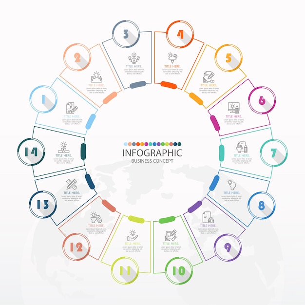 Modelo de infográfico de círculo básico com 14 etapas, processo ou opções, gráfico de processo, usado para diagrama de processo, apresentações, layout de fluxo de trabalho, fluxograma, infografia. ilustração em vetor eps10.