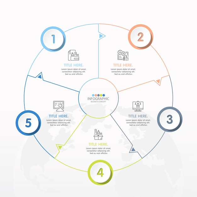 Modelo de infográfico de círculo básico com 5 etapas, processo ou opções, gráfico de processo, usado para diagrama de processo, apresentações, layout de fluxo de trabalho, fluxograma, infografia. ilustração em vetor eps10.