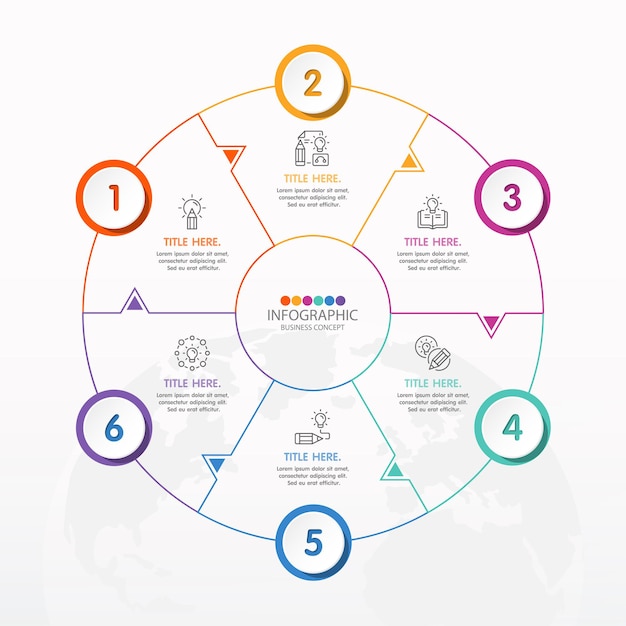 Modelo de infográfico de círculo básico com 6 etapas, processo ou opções, gráfico de processo, usado para diagrama de processo, apresentações, layout de fluxo de trabalho, fluxograma, infografia. ilustração em vetor eps10.