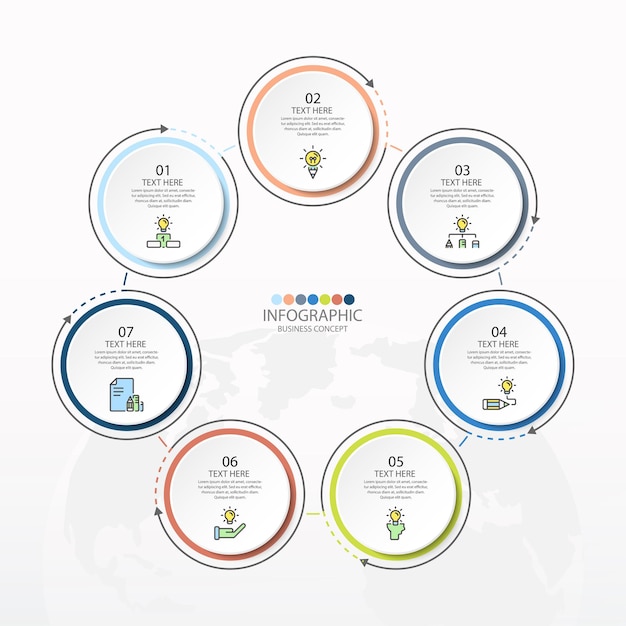 Modelo de infográfico de círculo básico com 7 etapas, processo ou opções, gráfico de processo, usado para diagrama de processo, apresentações, layout de fluxo de trabalho, fluxograma, infografia. Ilustração em vetor eps10.