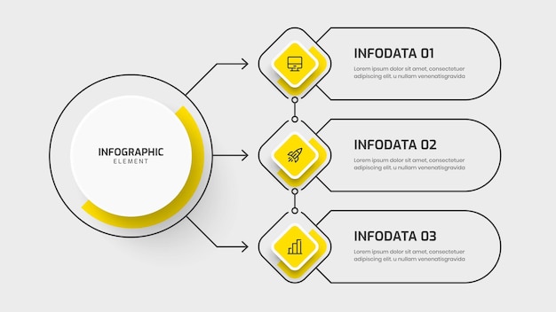 Modelo de infográfico de círculo central de negócios com opção de rótulo 3 de círculo de cor amarela e ícone