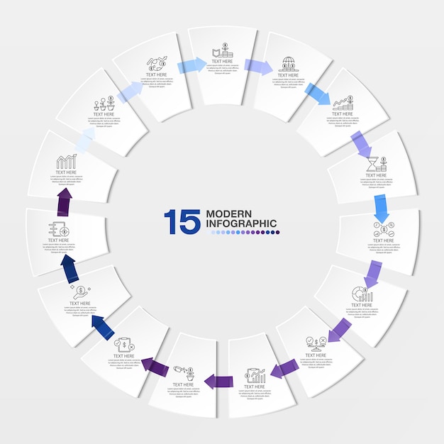 Modelo de infográfico de círculo de tom azul com processo de 15 etapas ou gráfico de processo de opções