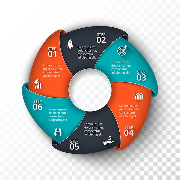 Vetor modelo de infográfico de círculo vetorial para diagrama de ciclo com 6 opções