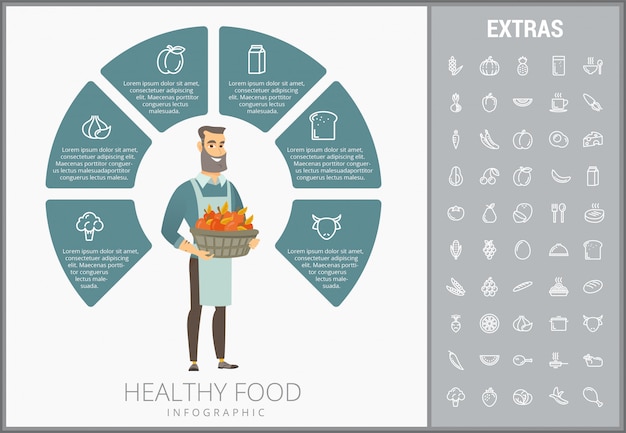 Modelo de infográfico de comida saudável, elementos, ícones