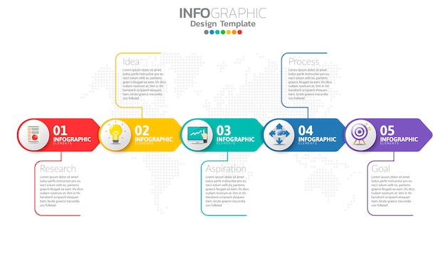 Modelo de infográfico de cronograma com setas e 5 opções de design plano