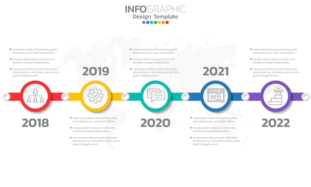 Modelo de infográfico de cronograma com setas e 5 opções de design plano