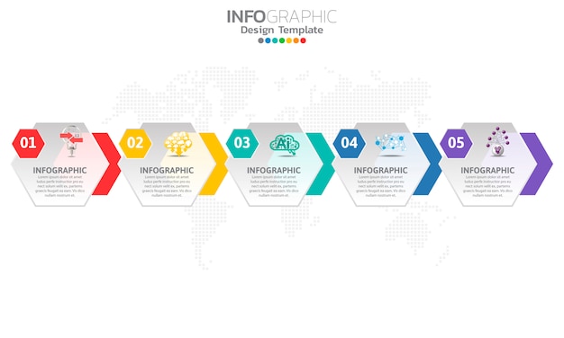 Modelo de infográfico de cronograma com setas e 5 opções de design plano