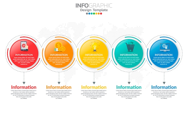 Modelo de infográfico de cronograma com setas e 5 opções de design plano