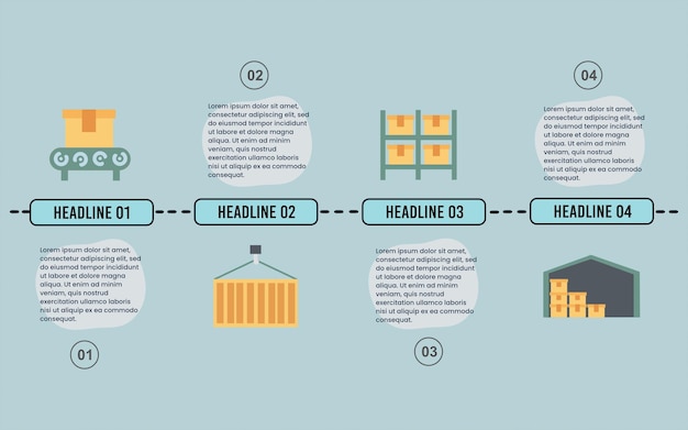 Modelo de infográfico de cronograma criativo para armazém e logística com 4 opções, peças, etapas