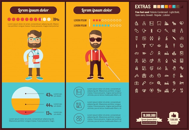 Vetor modelo de infográfico de design plano de medicina e conjunto de ícones