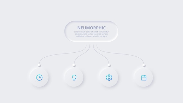 Modelo de infográfico de fluxograma neumórfico para apresentação de gráfico de diagrama e conceito de skeuomorph de gráfico com 5 opções de etapas ou processos de peças