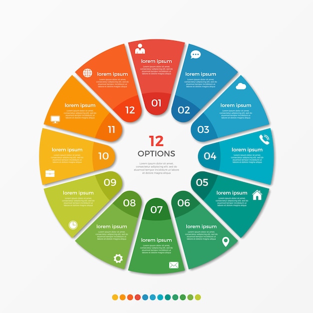 Modelo de infográfico de gráfico circular com 12 opções de apresentações, publicidade, layouts, relatórios anuais