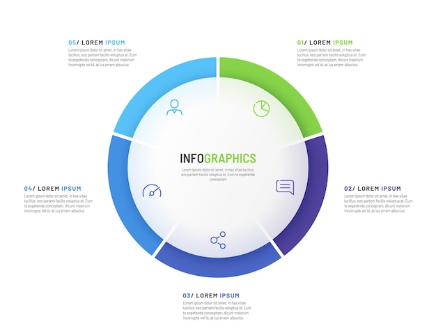 Modelo de infográfico de gráfico de pizza dividido por cinco partes ilustração vetorial