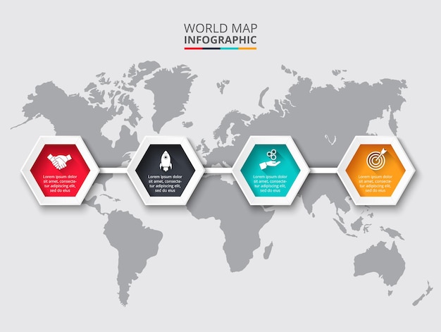 Modelo de infográfico de mapa do mundo com hexágonos elementos abstratos do diagrama gráfico com 4 etapas